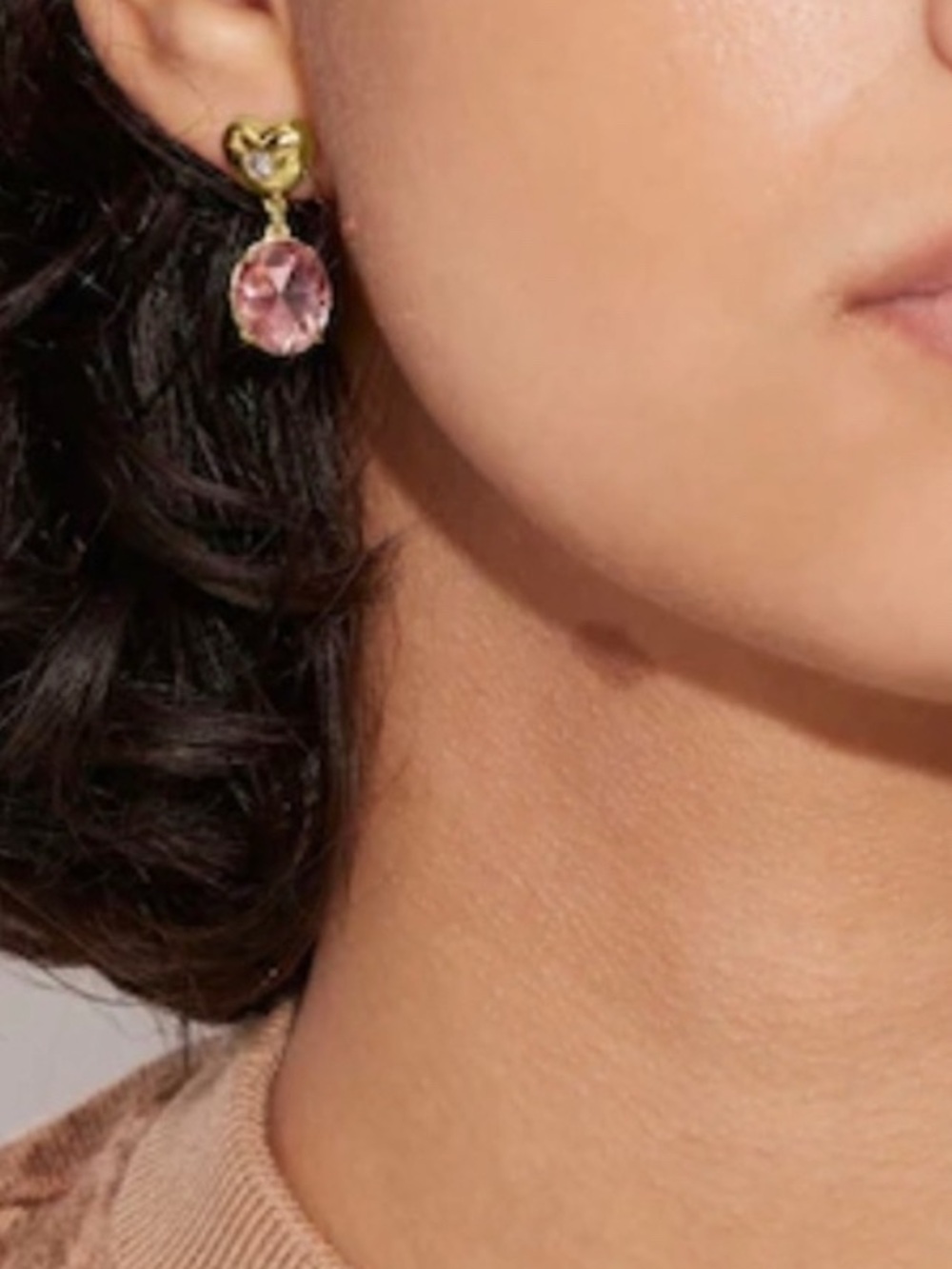 COACH Pink Crystal Heart Drop Earrings - Gold Tone